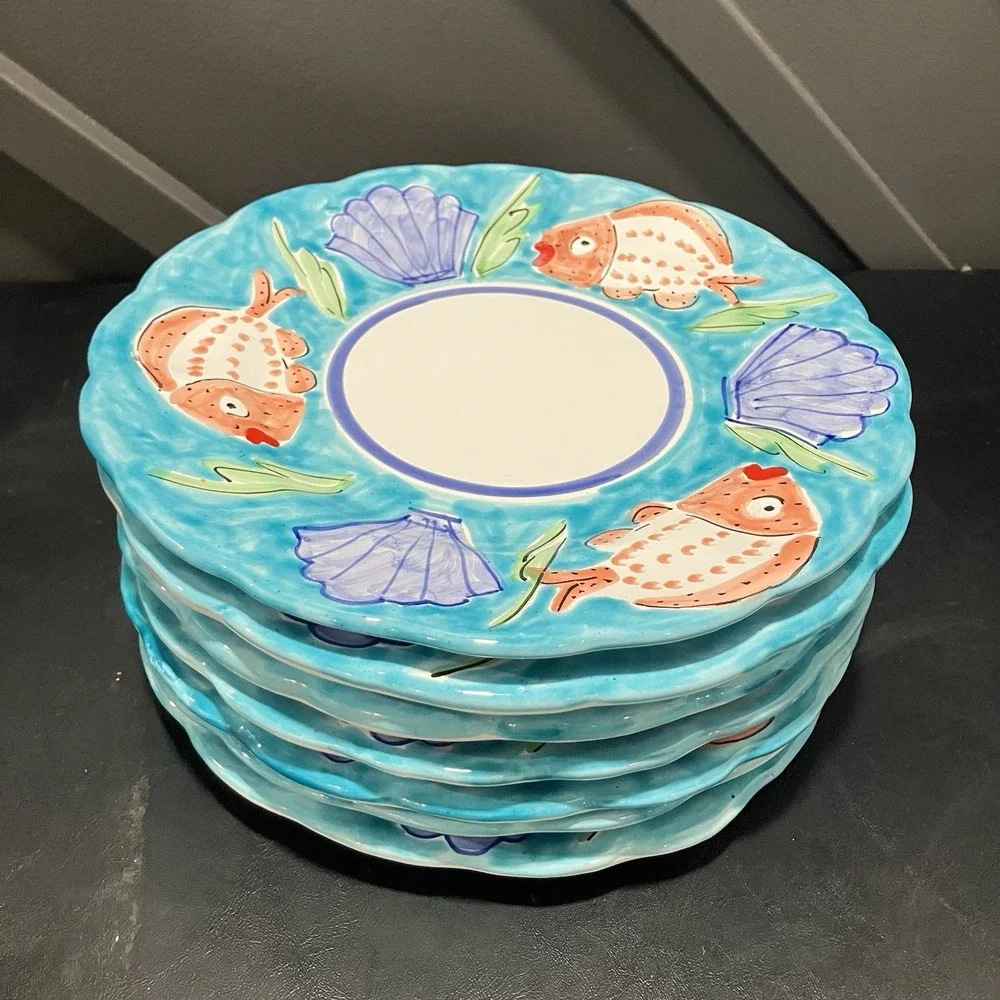 La Musa Italy Set of 7 Hand Painted Fish Seashell Ceramic Dinner Plates Coastal